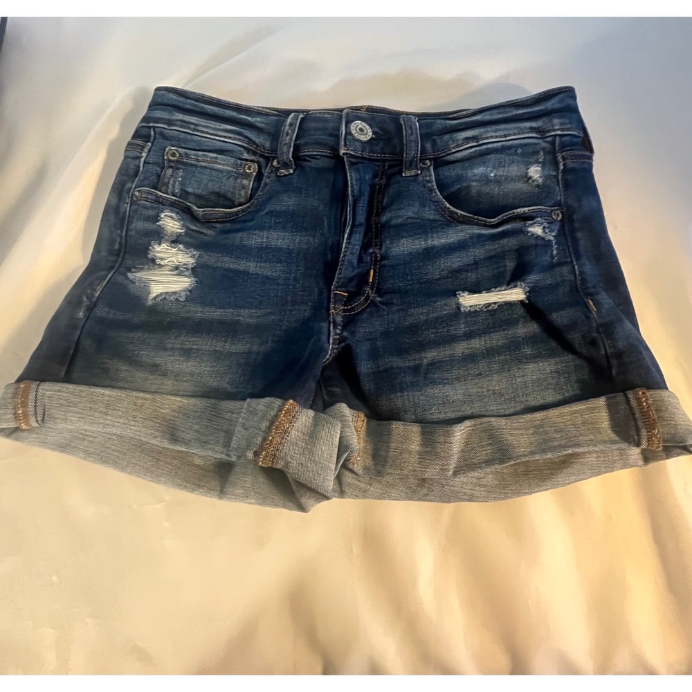 American Eagle Super Stretch Distressed Denim Shorts Dark Wash Cuffed Size 6